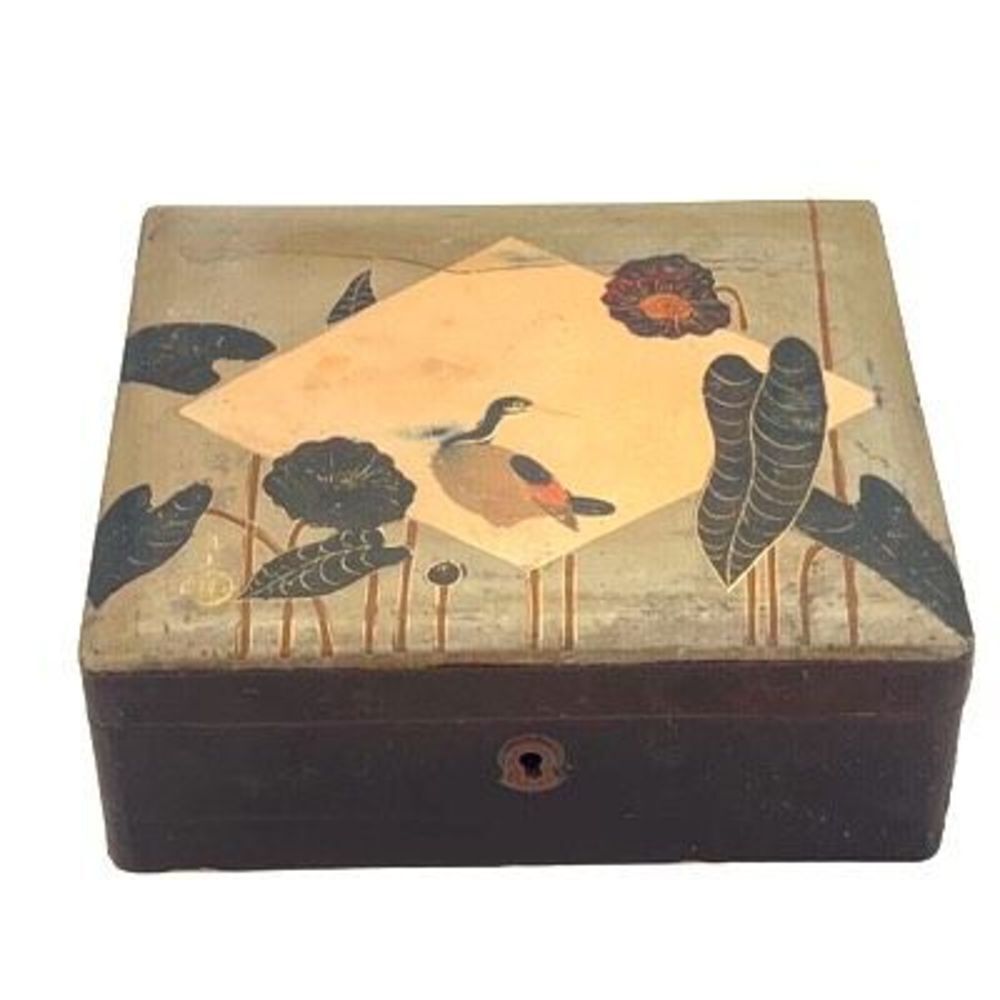 Japanese Black Wooden Jewelry Lock Box Floral Bird Print With Stamp 8" x 7" x 3"